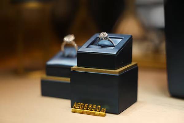 Jewellery with a visible price tag is displayed in a Damas store in Dubai's Gold Souq, Dubai