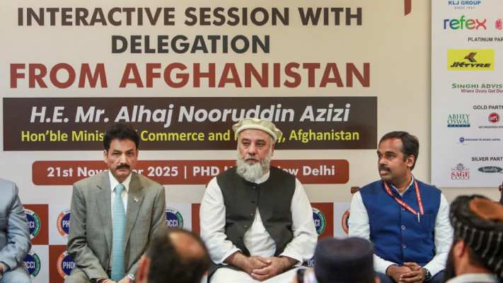 Afghan Minister of Industry and Commerce Alhaj Nooruddin Azizi, centre, with Joint Secretary (PAI) at Ministry of External Affairs, M.Anand Prakash (right), during an interactive session, in New Delhi, Friday, Nov. 21, 2025